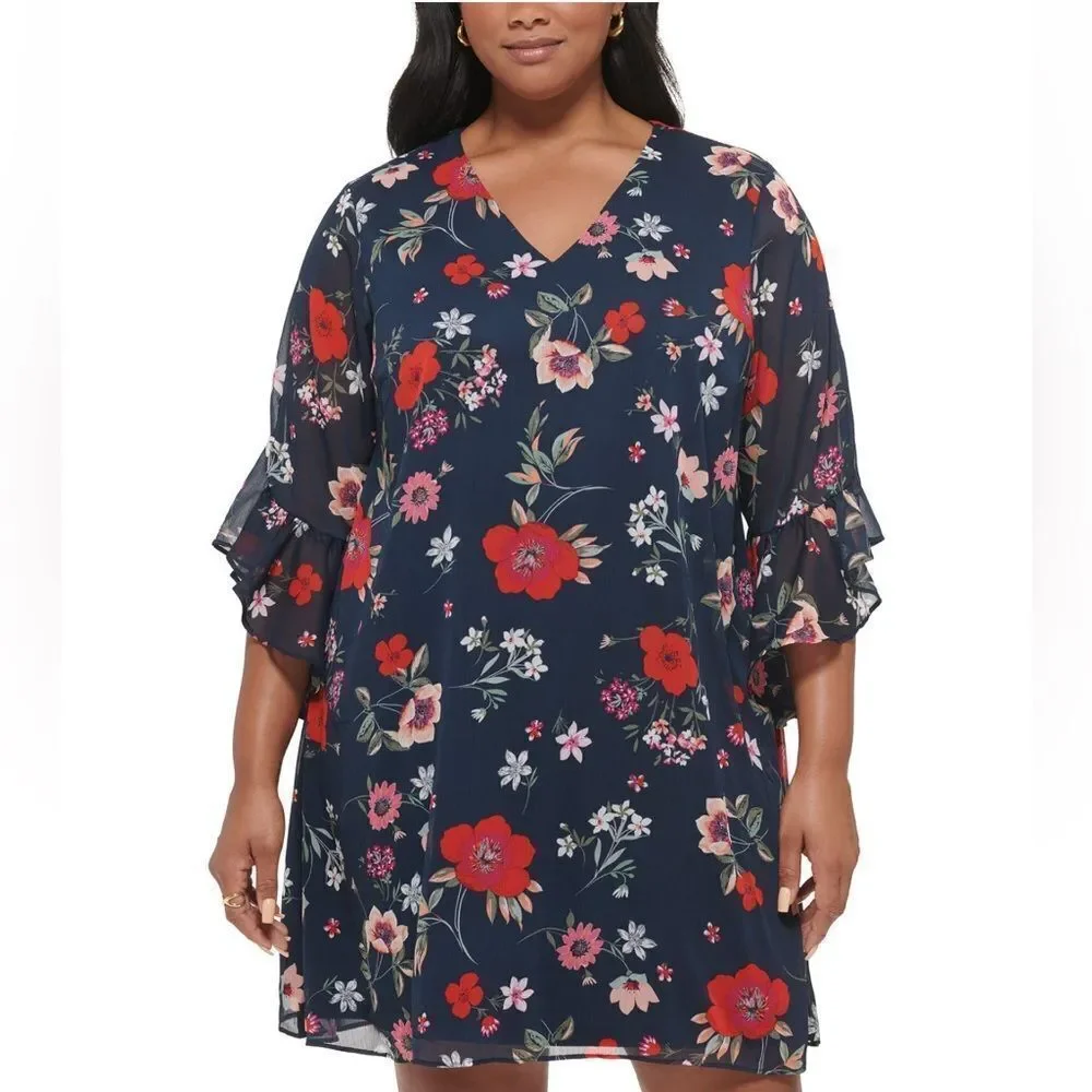 Calvin Klein Plus Size Navy Chiffon 3/4 Sleeve Shift Floral Dress Sz 16W NWOT